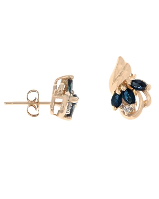 Blue Sapphire and Diamond Fluted Swirl Earrings in Yellow Gold
